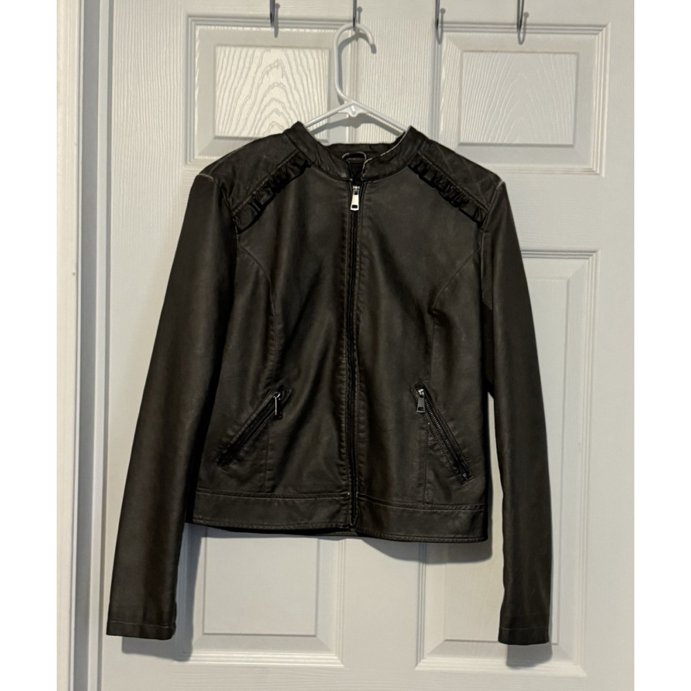 Maurices Womens Metallic Faux Leather Moto Jacket Distressed Racer Medium Zip Up